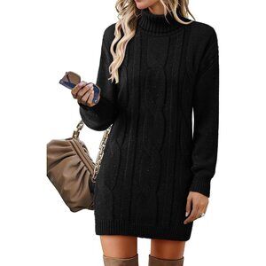 Women's Long Sleeve Turtleneck Sweater Dresses Ribbed Knit Midi Dress Black